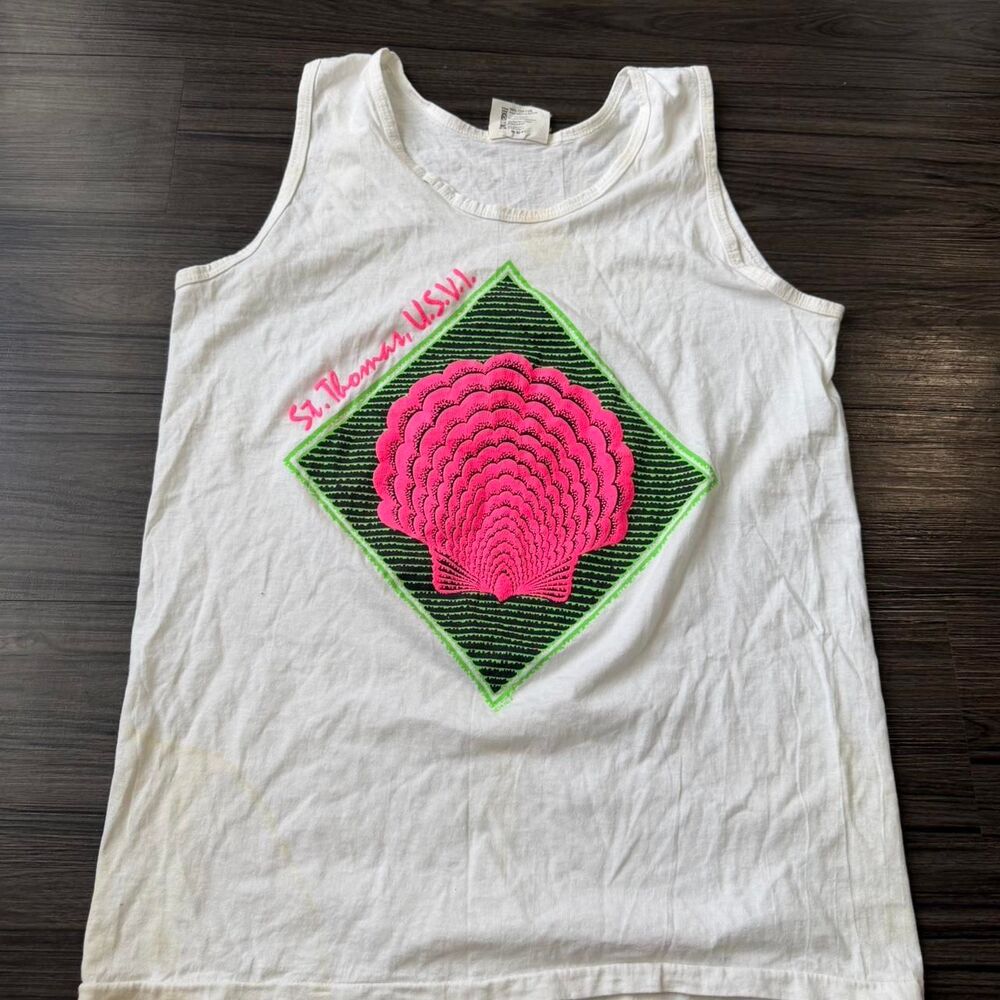 Vintage 90s White tank top with pink and green shell design Size XL